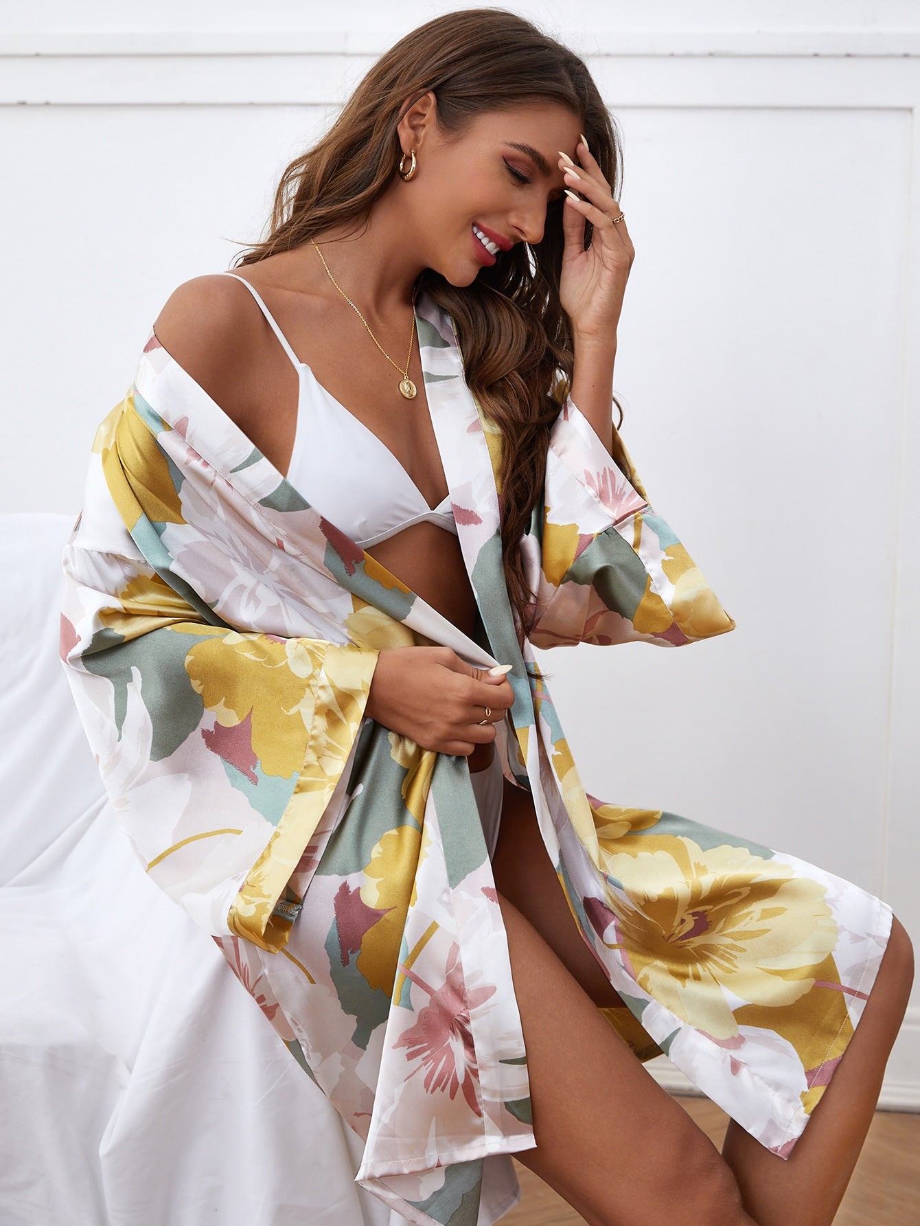 Lip Print Belted Satin Robe