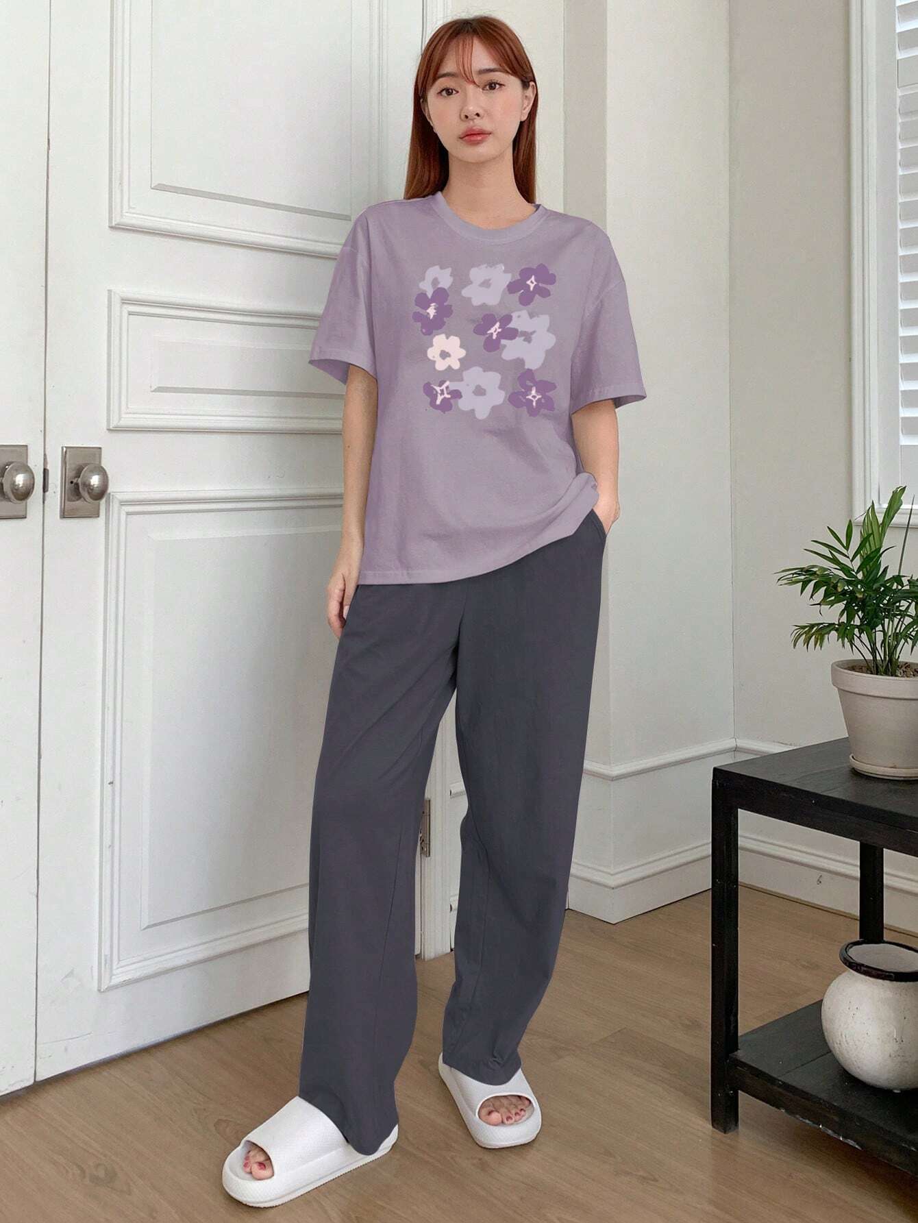 DAZY Floral Print Drop Shoulder Tee &amp; Pants Lounge Set