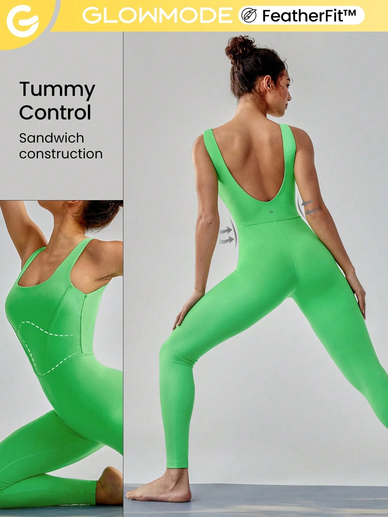 GLOWMODE 25" FeatherFit™ Tummy Control Gym Bodysuit Green