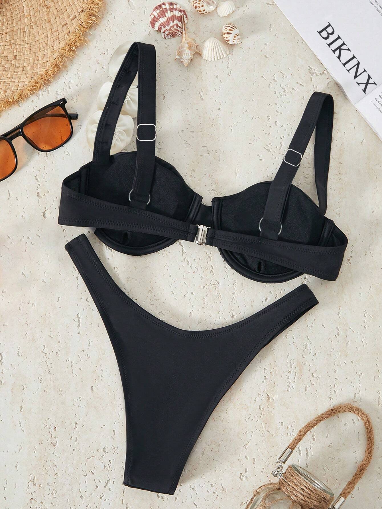 Bikinx Women's Solid Color Underwire Bikini Three-Dimensional Flower Sexy Split Bikini