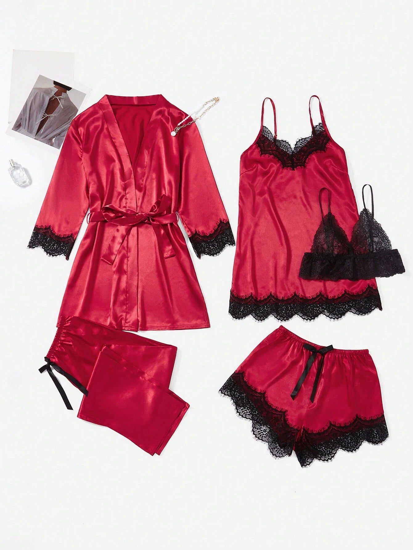 5pcs/Set Lace Splice Pajama Set Burgundy