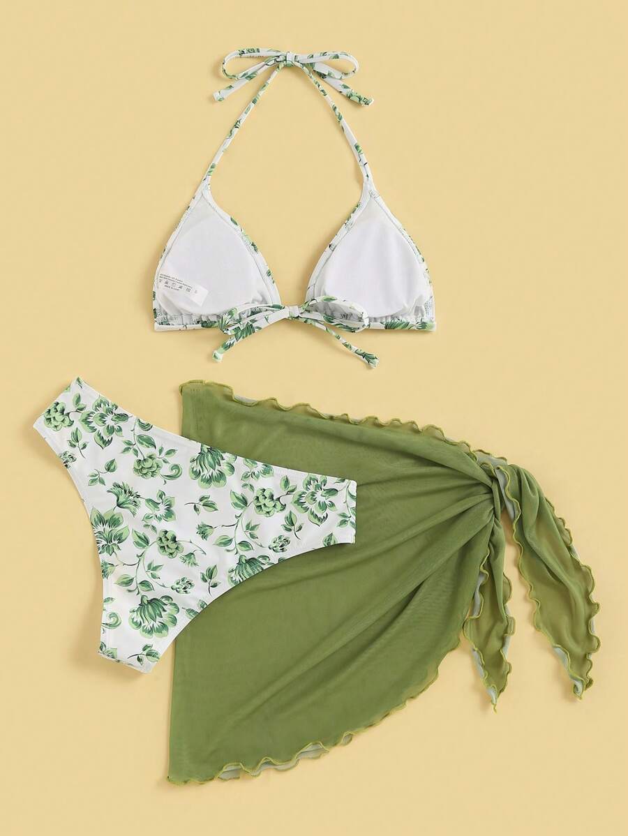 Floral Print Halter Triangle Bikini Swimsuit With Beach Skirt
