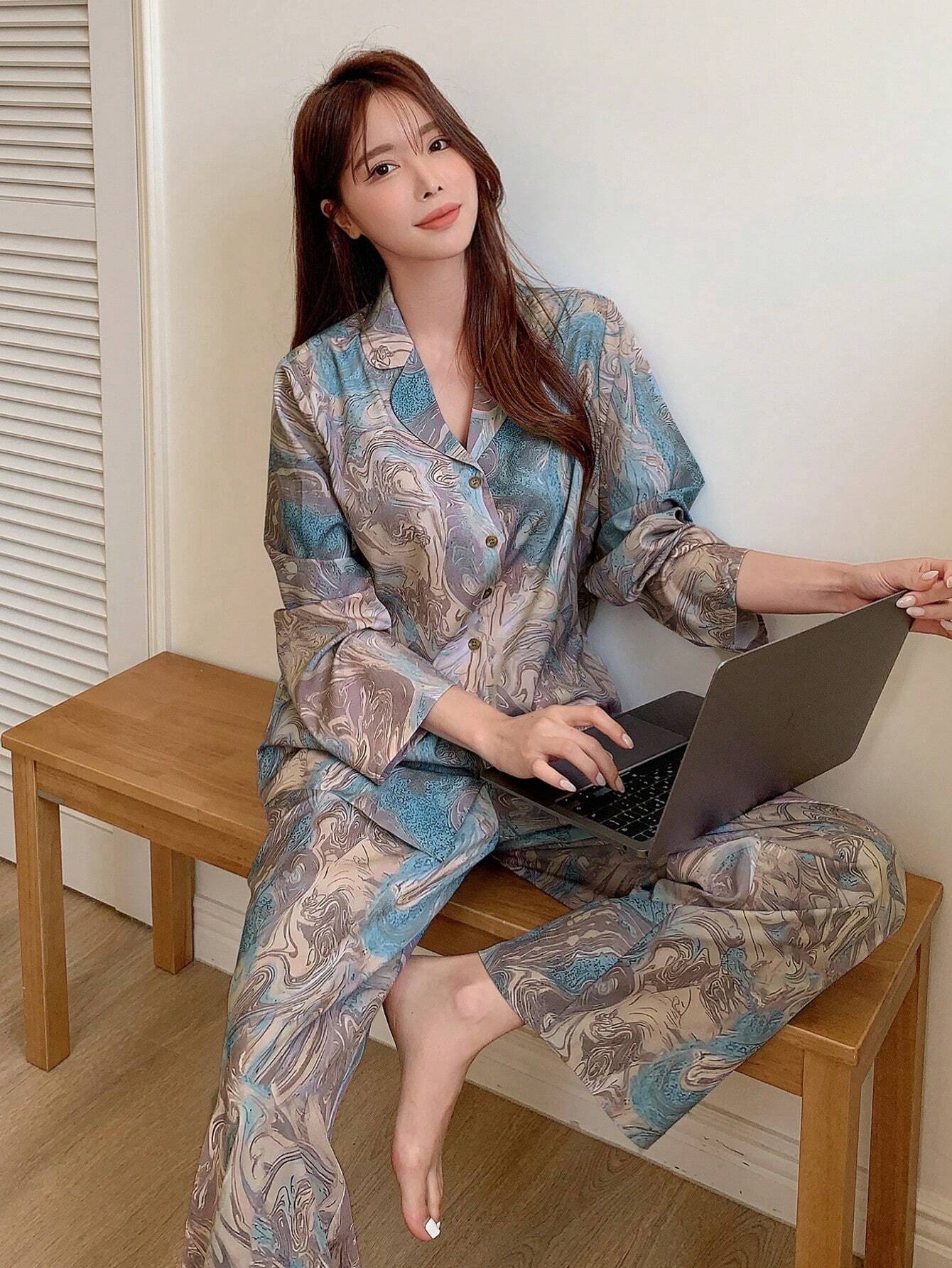 DAZY Allover Print Button Front PJ Set Multicolor