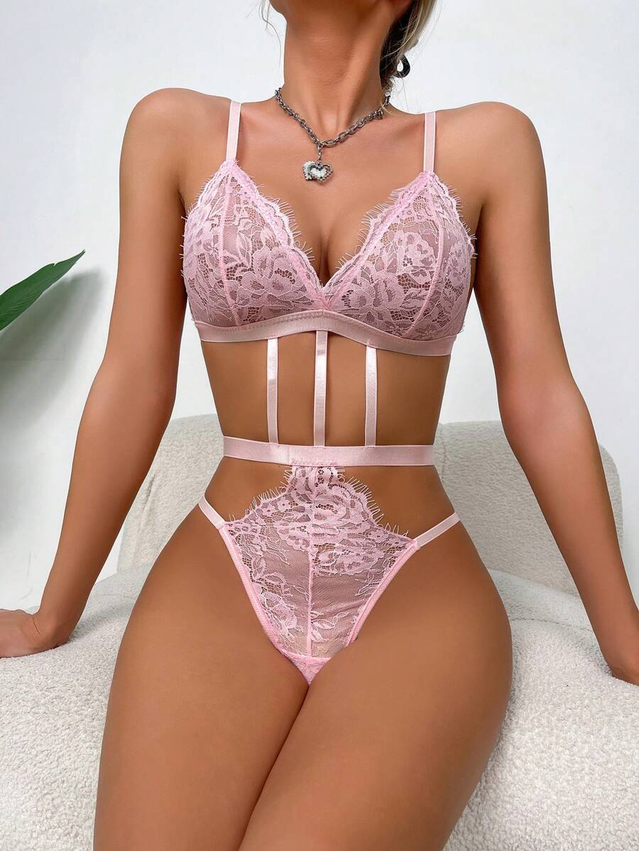 Floral Lace Cut-out Lingerie Set Baby Pink