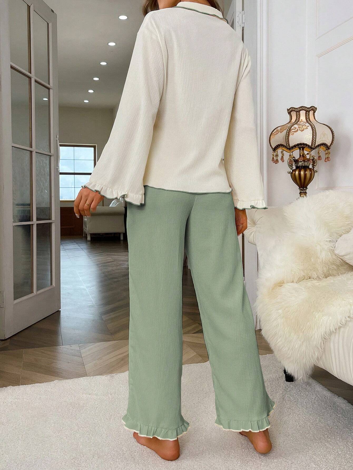 Women Color-Block Trim Bell Sleeve Top And Long Pants Pajama Set