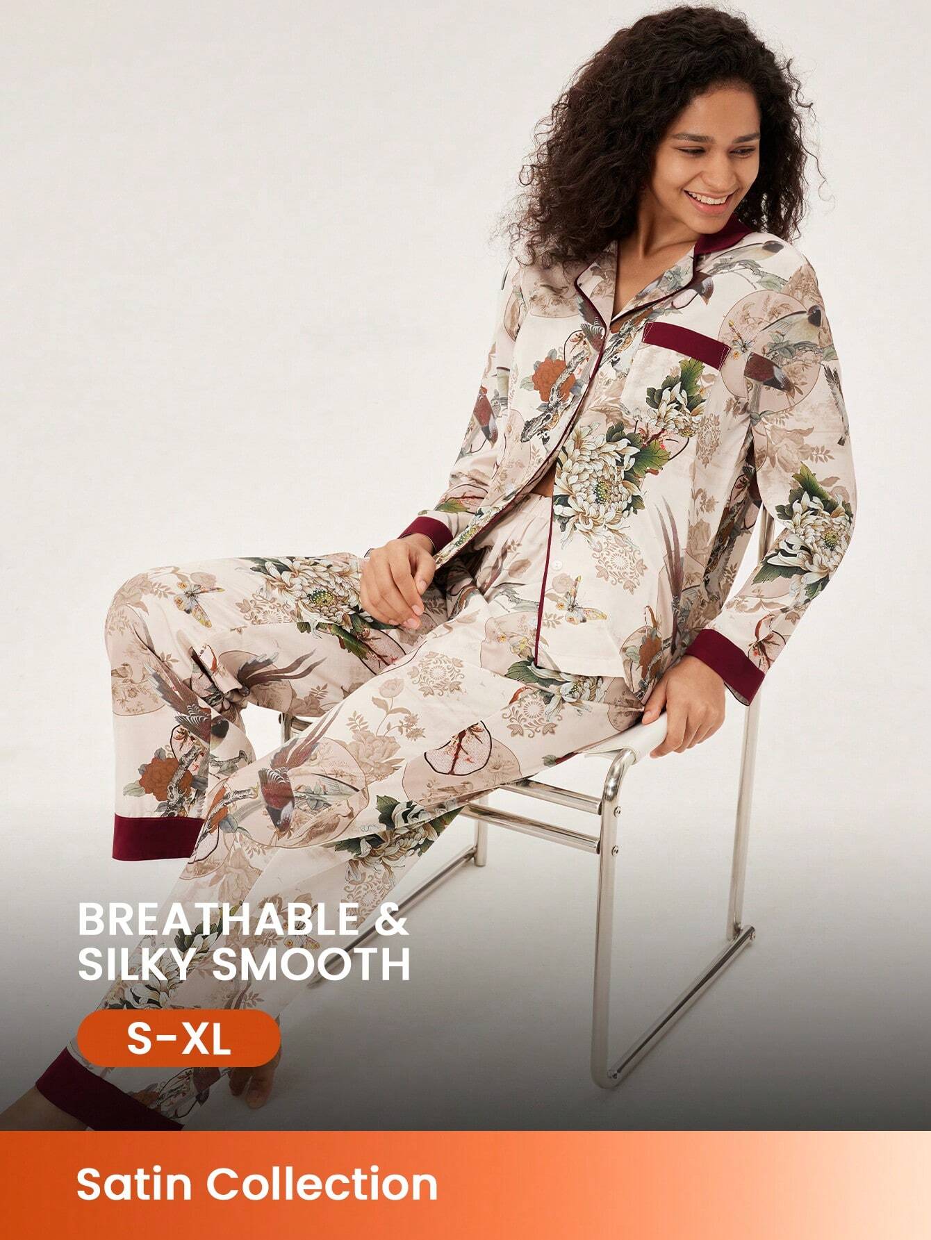 LUVLETTE Chinese Ink Painting Flora Print Satin Long Women Pajama Sets