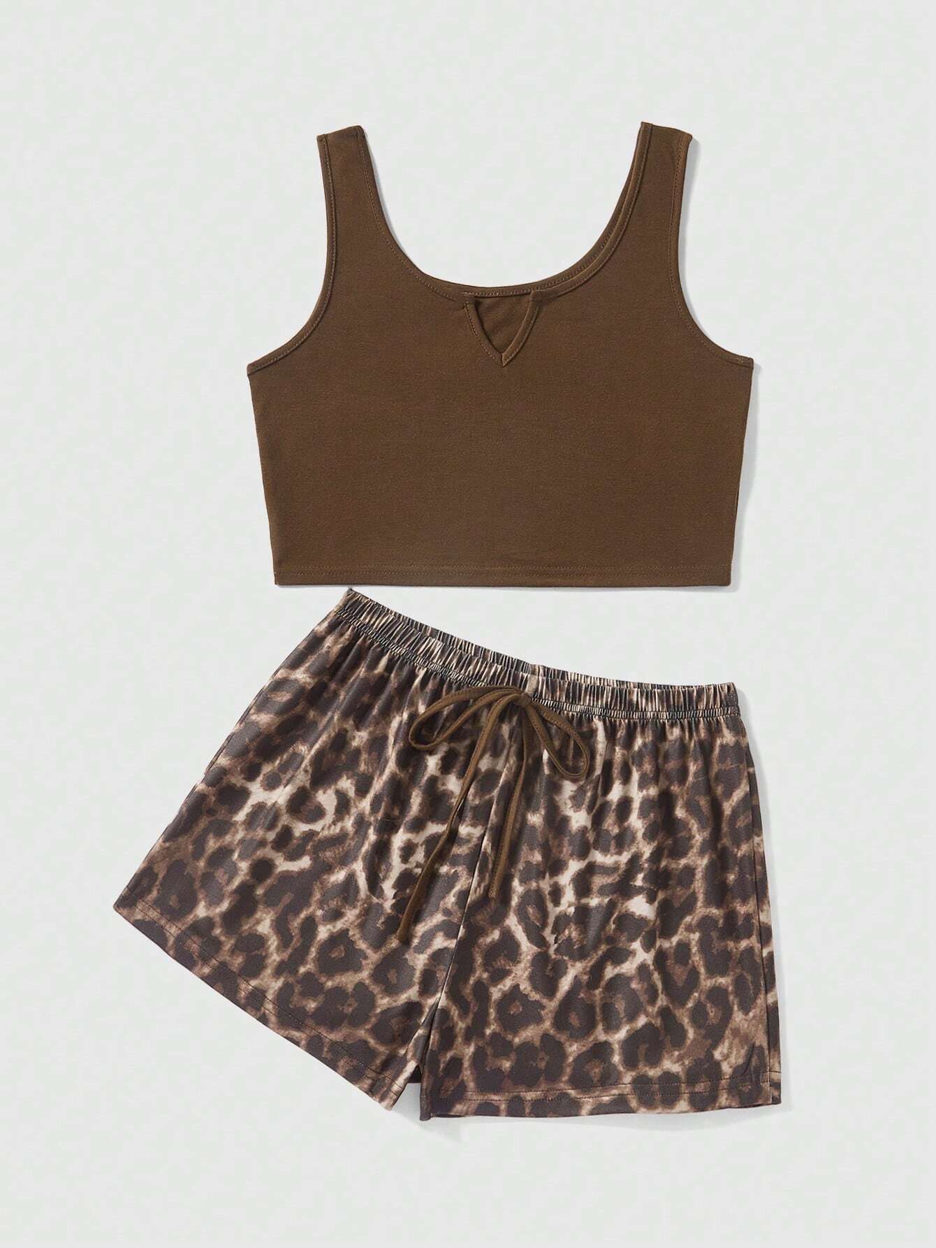 ROMWE Solid Color Sleeveless Top &amp; Plaid Shorts Casual Pajama Set Coffee Brown 2