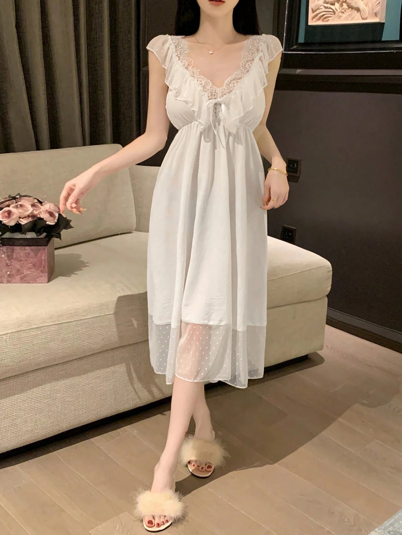 DAZY Women's Romantic Mesh Lace Patchwork Ruffle Backless Nightgown