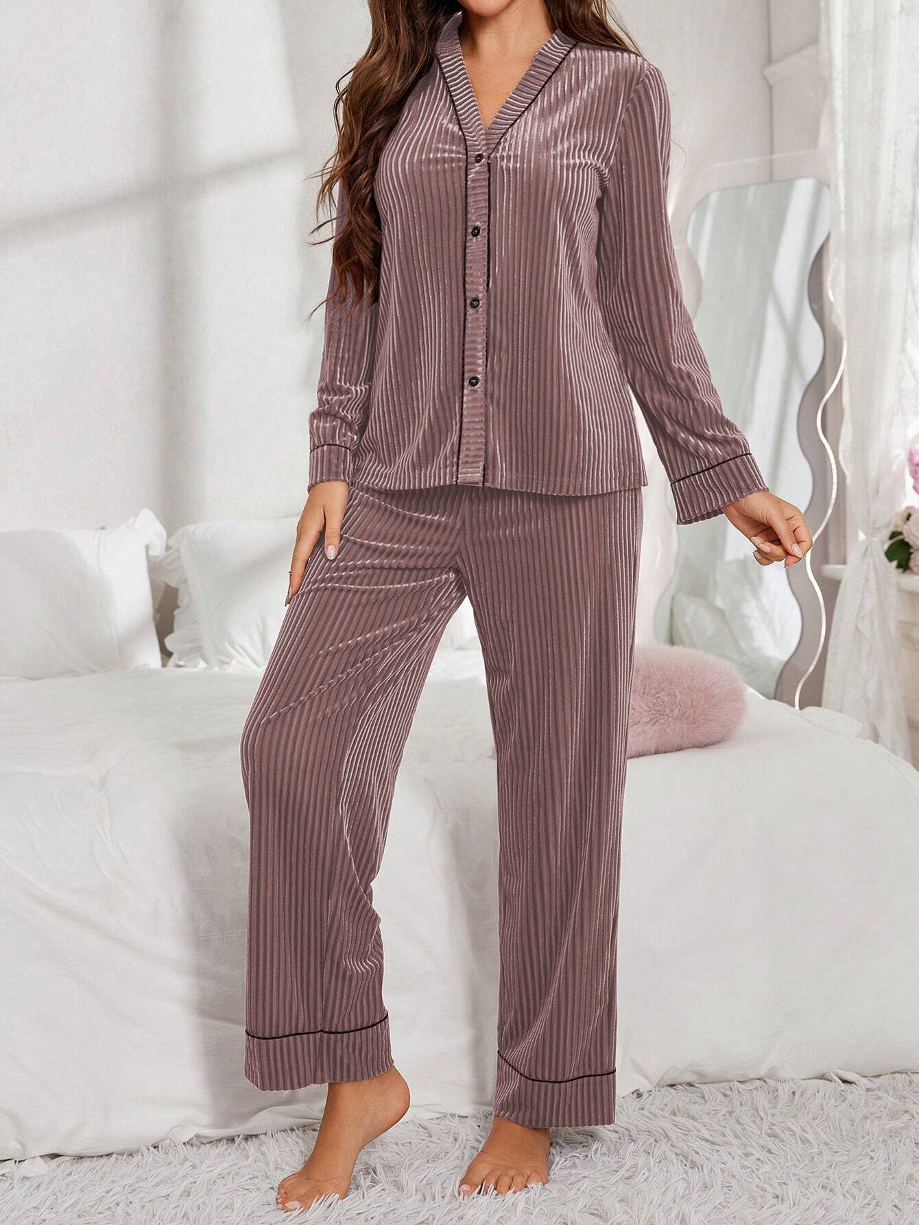 Women Velvet Button-Up Long Sleeve Pajama Set