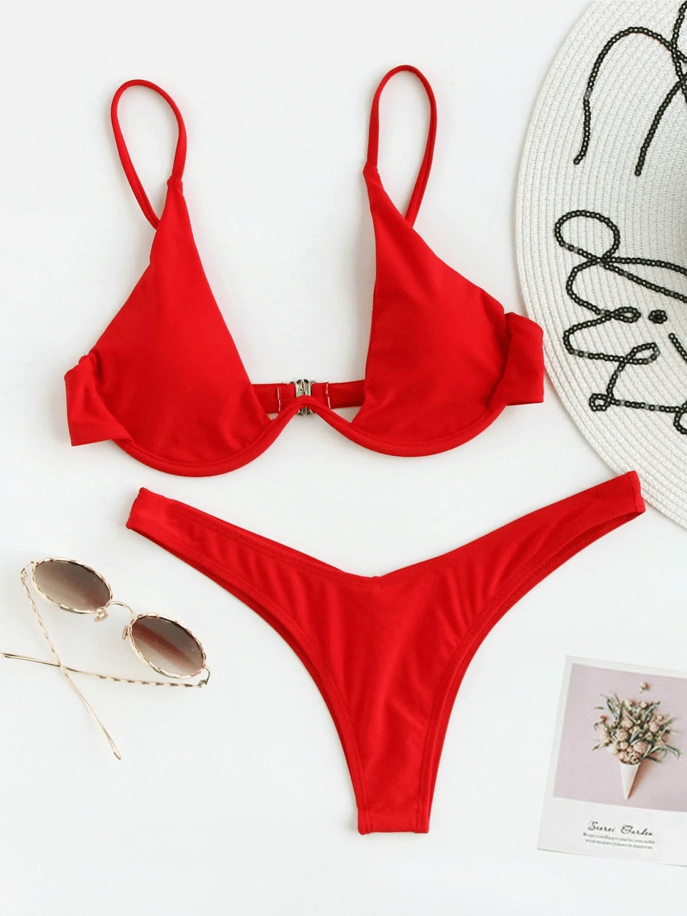Solid Underwire Bikini Swimsuit Red