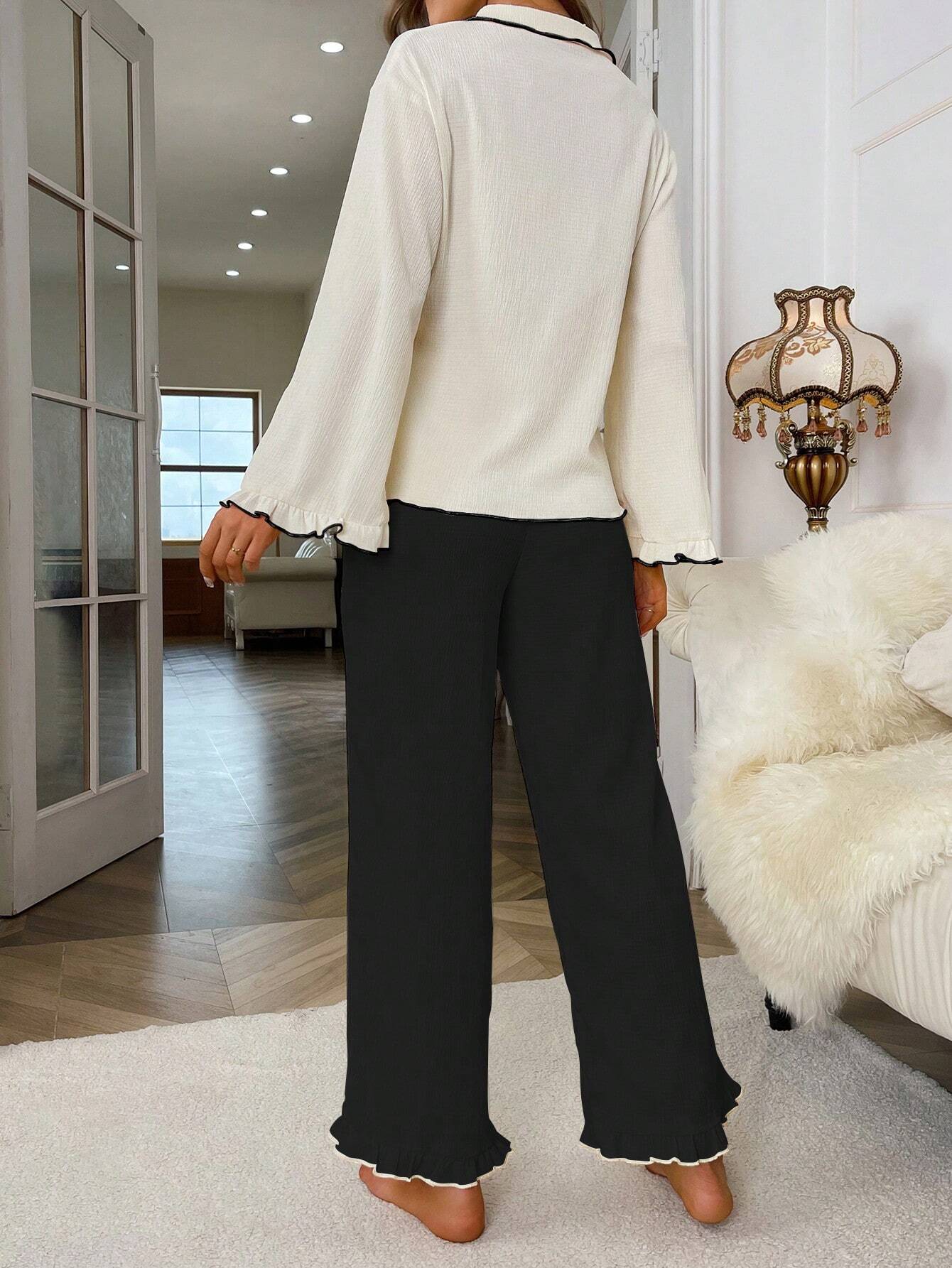 Women Color-Block Trim Bell Sleeve Top And Long Pants Pajama Set