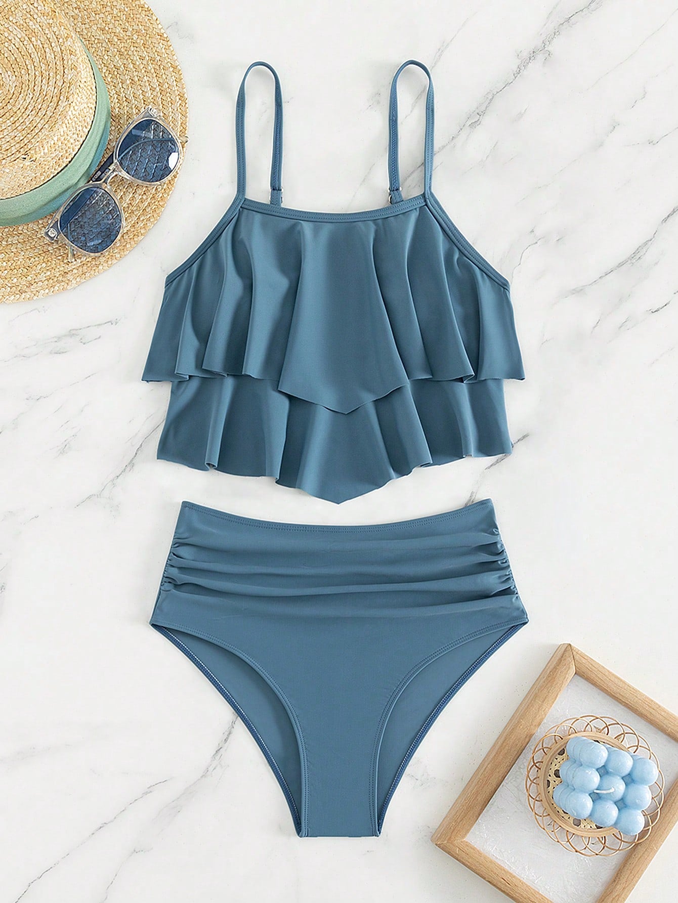 SHEIN Swim Vcay Ruffle Hem Ruched Bikini Swimsuit