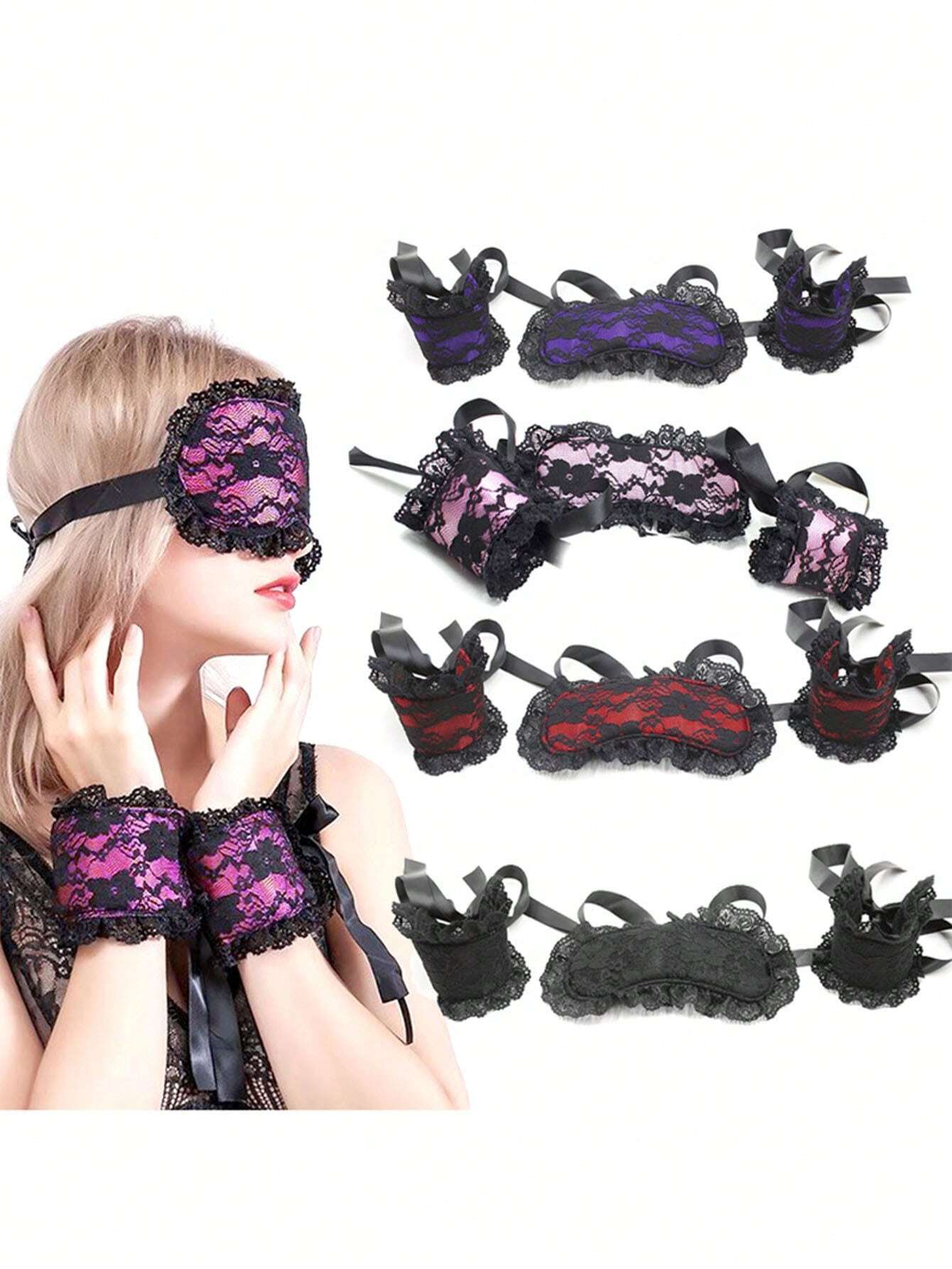 1set Fashionable New Lace Eye Mask &amp; Handcuffs Set, 3pcs Lace Costume Set