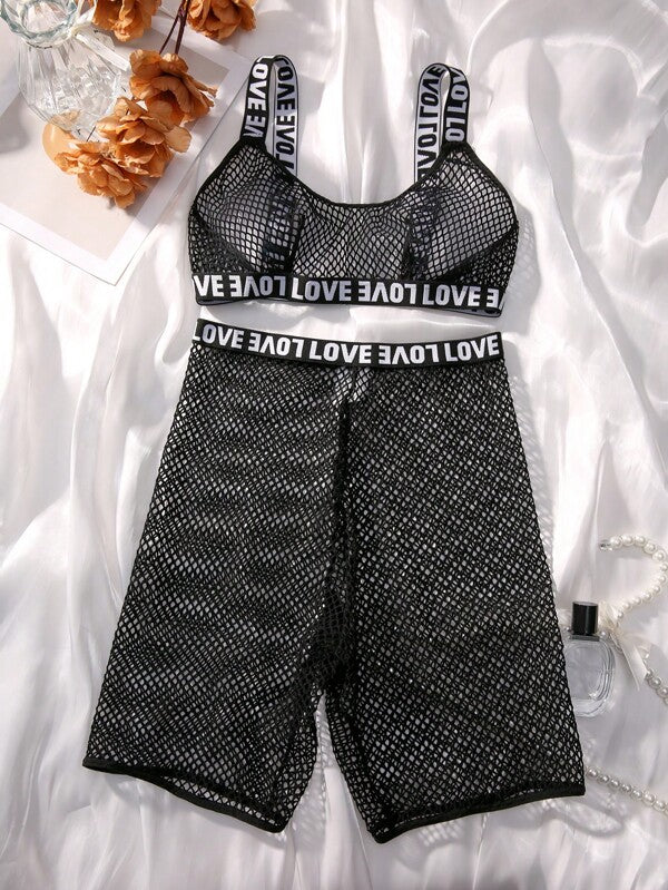 Letter Tape Fishnet Lingerie Set