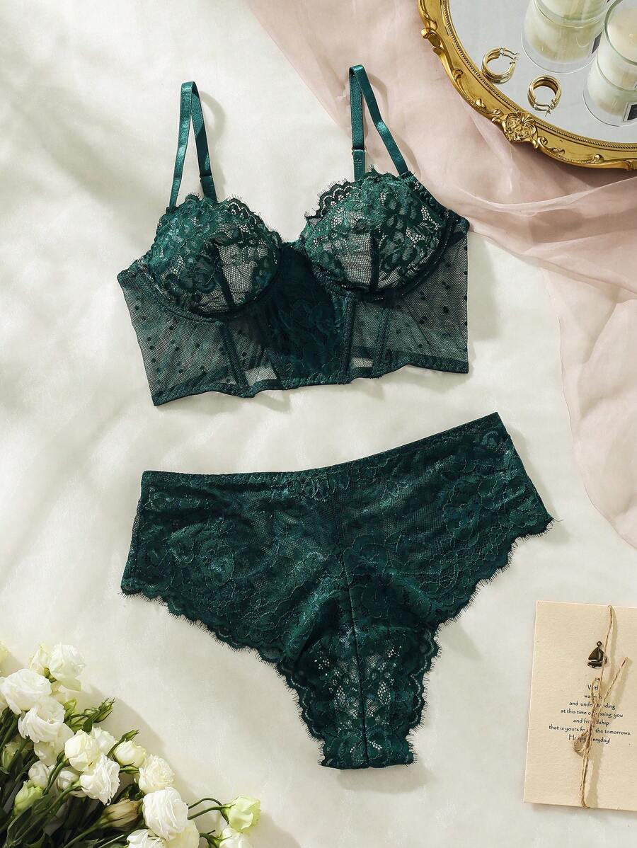 Floral Lace Push Up Lingerie Set Dark Green