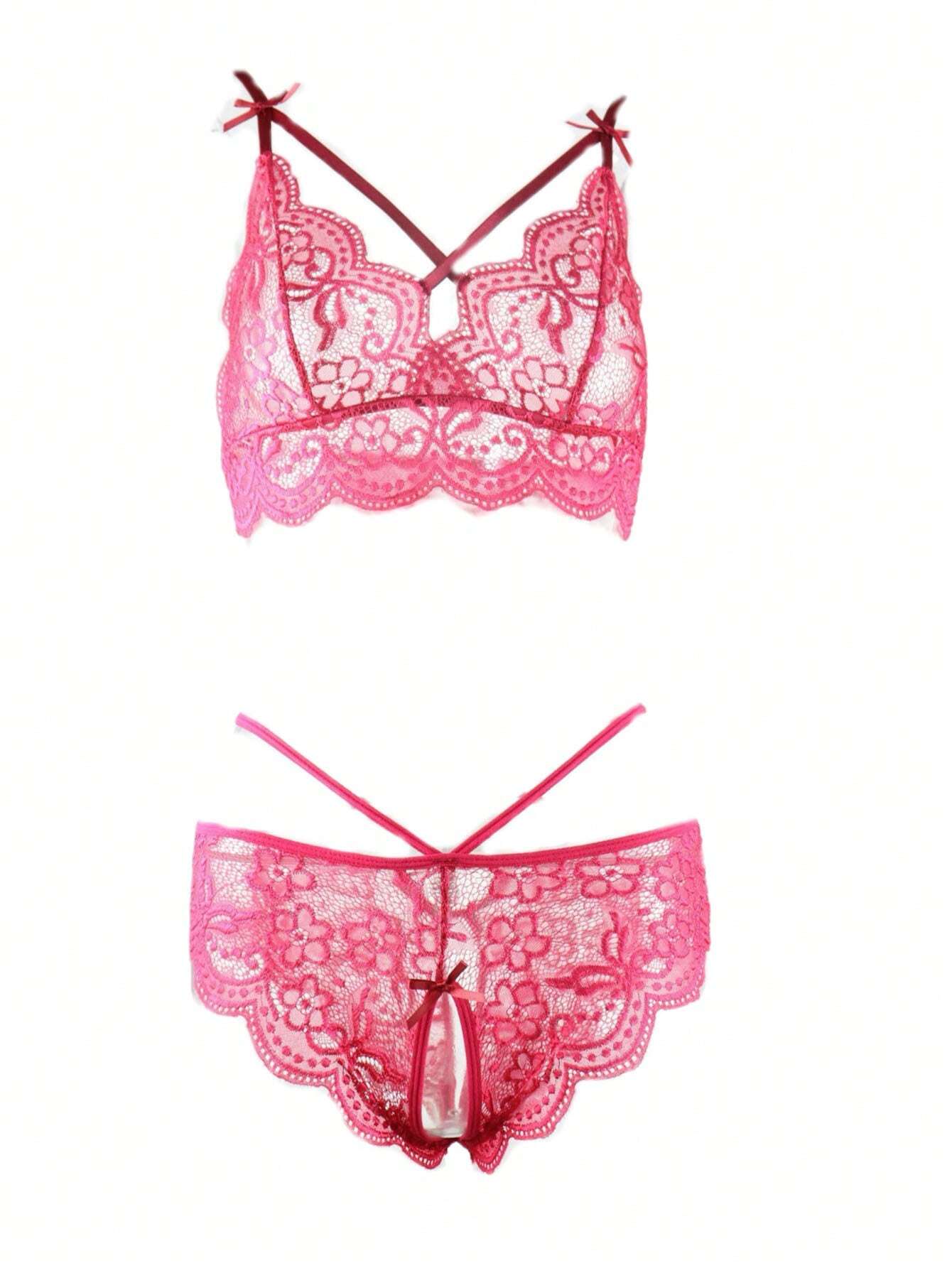 Lace Lingerie Set With Hollow Scallop Decor Bra And Crotchless Panties