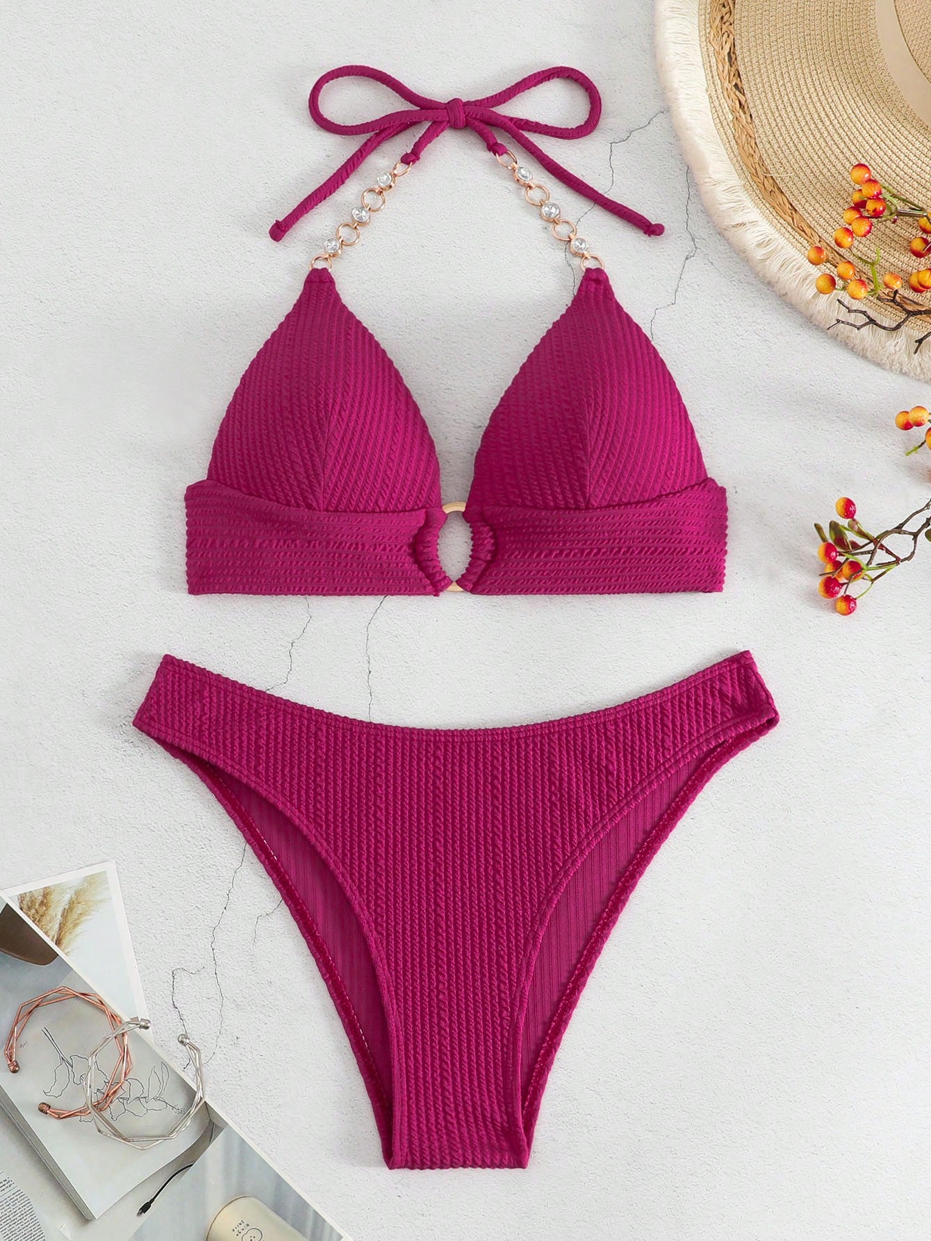 SHEIN Swim SXY Mono Bikini Set Chain Linked Halter Push Up Bra &amp; Bikini 2 Piece Swimsuit