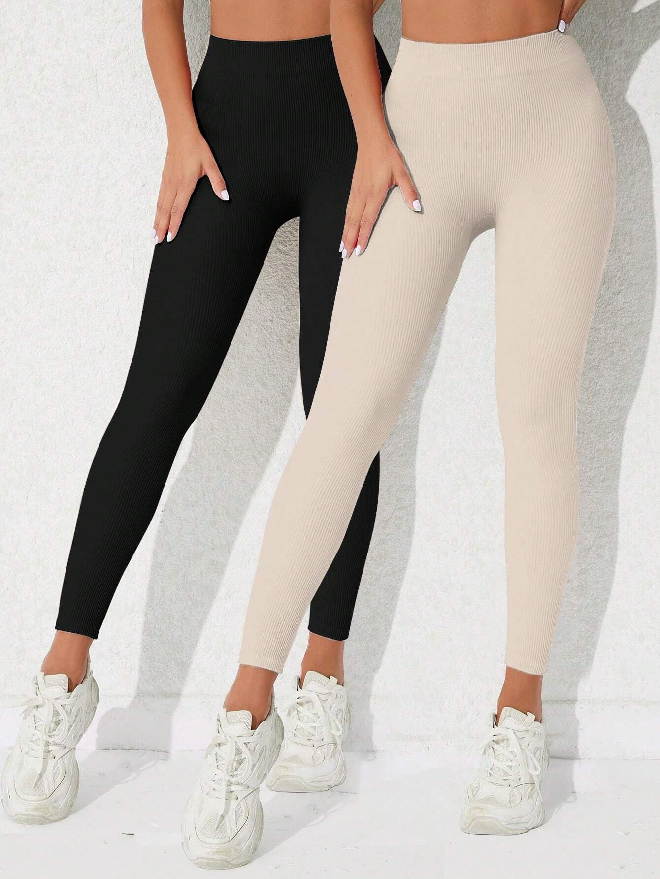Yoga Basic 2pcs Solid Ribbed Knit Sports Leggings Workout Leggings Spandex