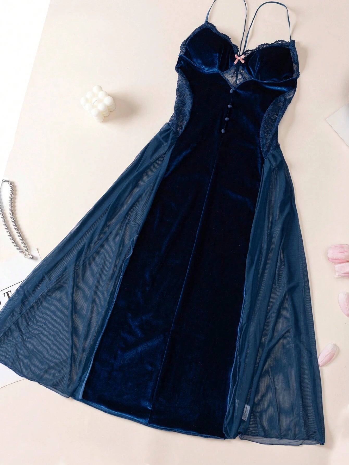 Sexy Lingerie Lace &amp; Mesh &amp; Velvet Patchwork Bow Detail Bowknot Design False Button High Slit With Removable Padding Open Back Strap Nightgown Dress