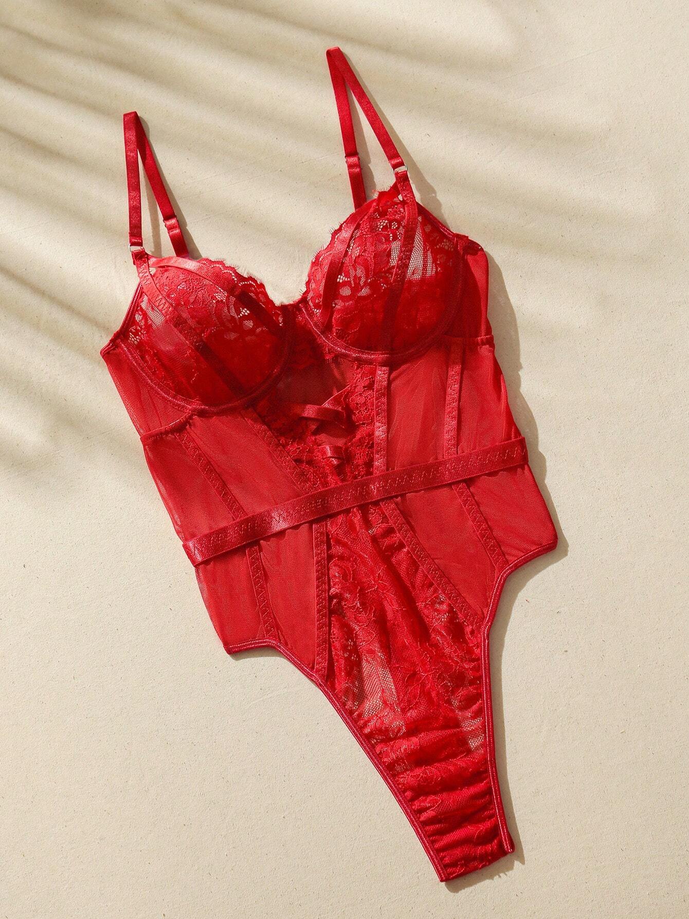 PinupGlam Goth Floral Lace Harness Underwire Teddy Bodysuit Lingerie Red