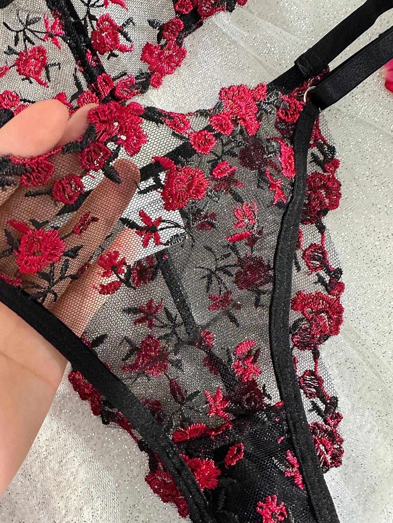 Floral Embroidery Mesh Underwire Bra &amp; Panty Lingerie Set