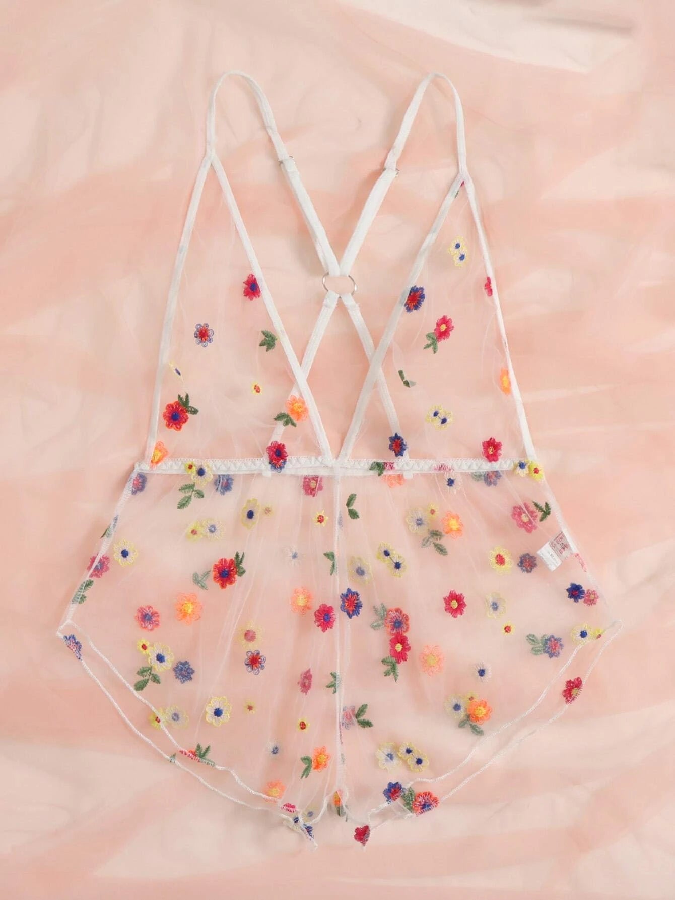 Floral Embroidered Mesh Crisscross Back Teddy Bodysuit