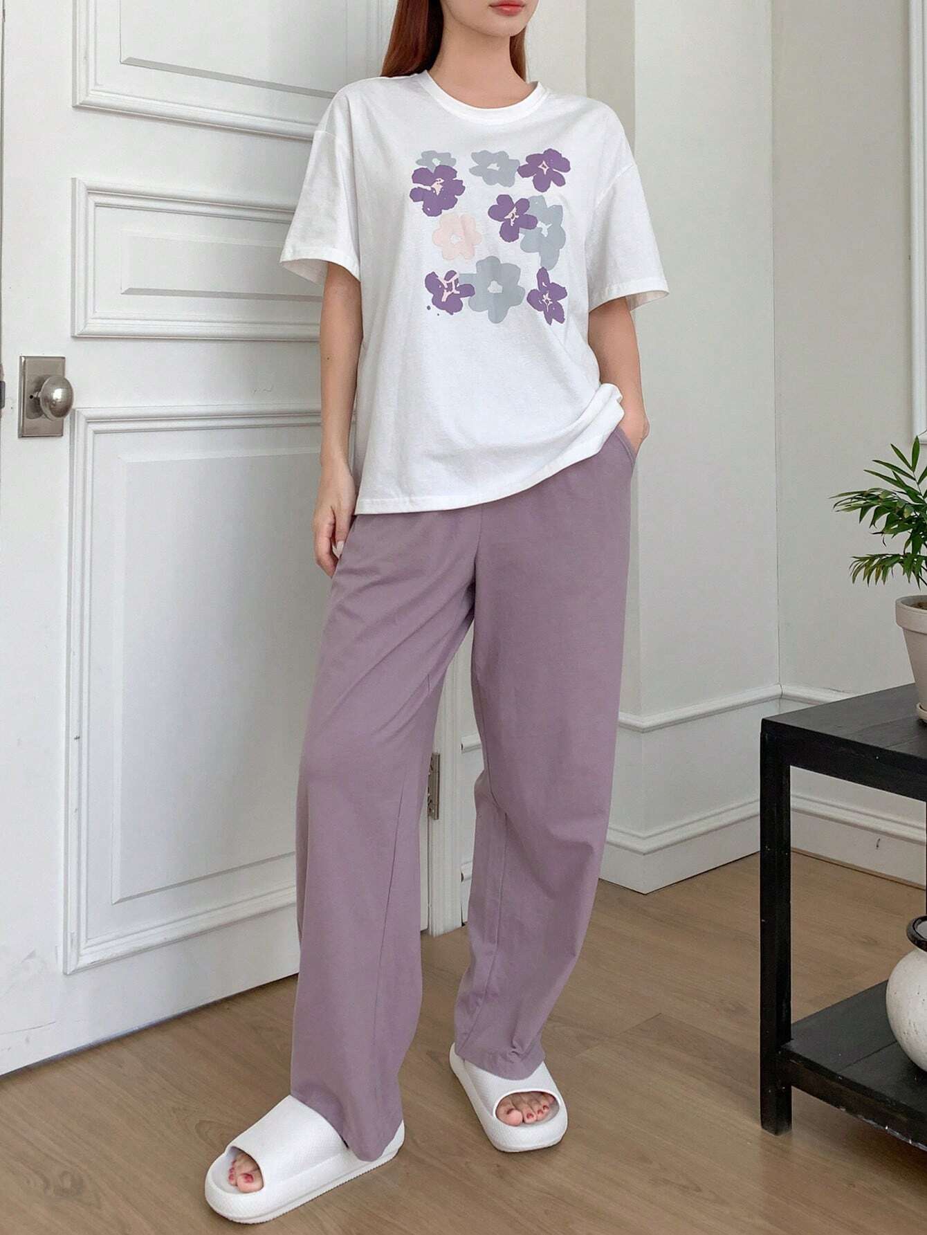 DAZY Floral Print Drop Shoulder Tee &amp; Pants Lounge Set