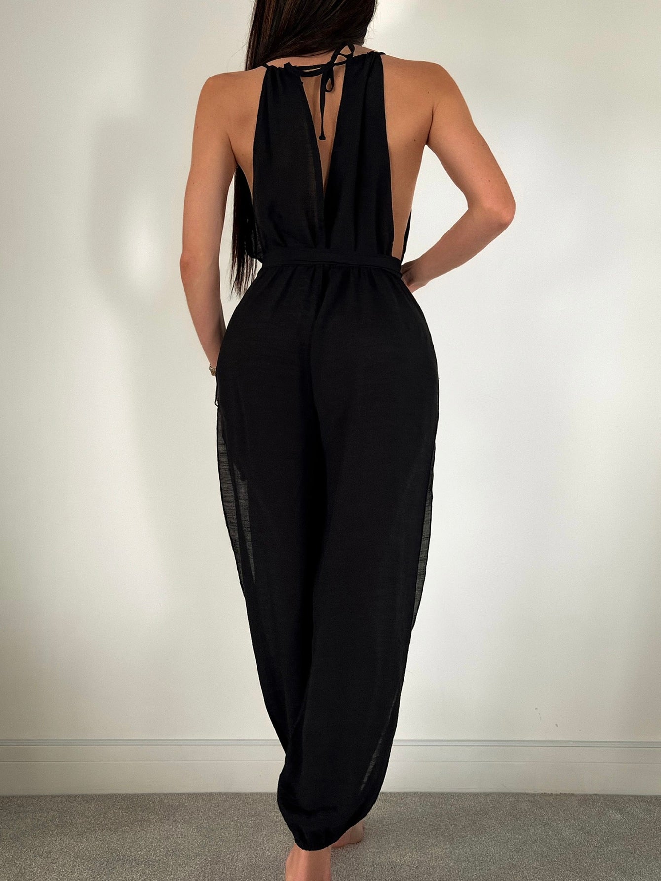 SHEIN Swim Chicsea Solid Split Thigh Belted Halter Neck Cover Up Jumpsuit