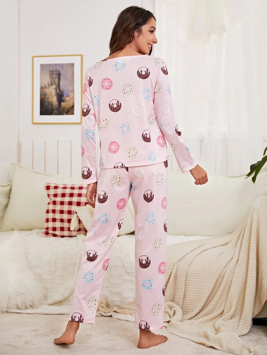 Donuts Graphic Pajama Set &amp; Eye Mask