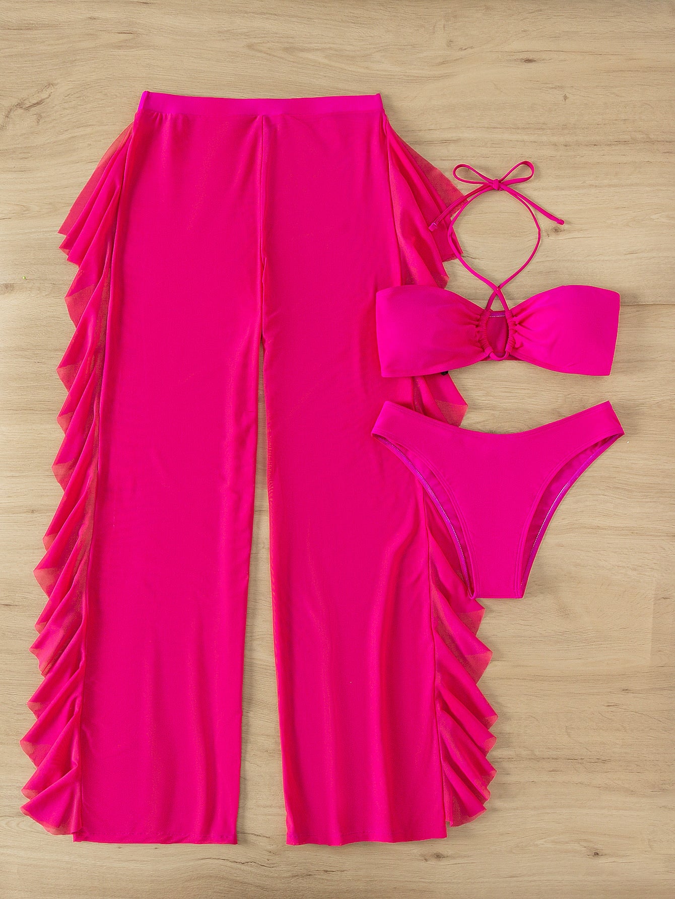 SHEIN Swim SXY Mono Bikini Set Crisscross Halter Wireless Bra Top &amp; High Cut Bikini Bottom &amp; Mesh Cover Up Pants 3 Piece Swimsuit