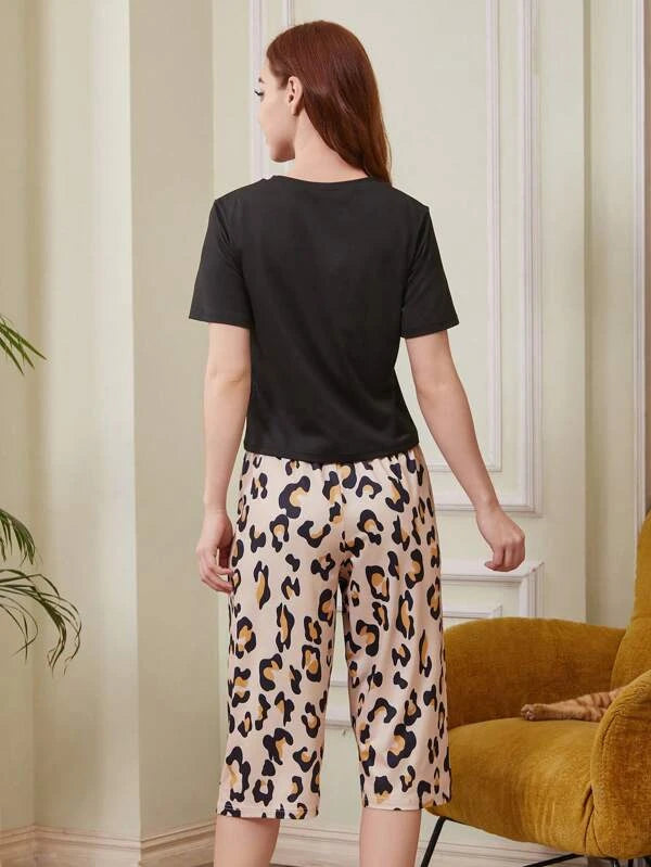 Letter &amp; Heart Print Tee &amp; Leopard Print Pants PJ Set