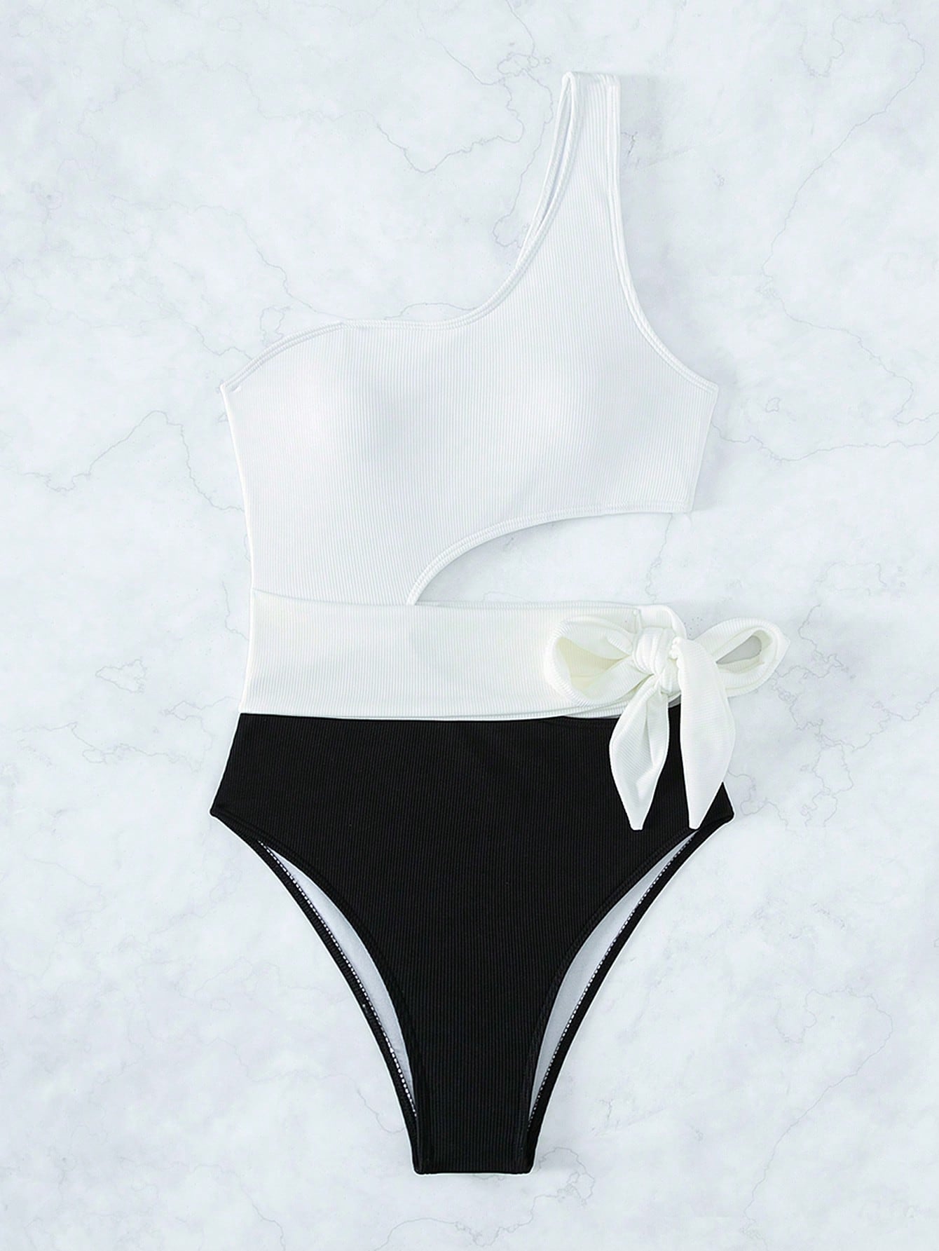 SHEIN Swim Vcay Two Tone Cut Out Knot Side One Shoulder One Piece Swimsuit