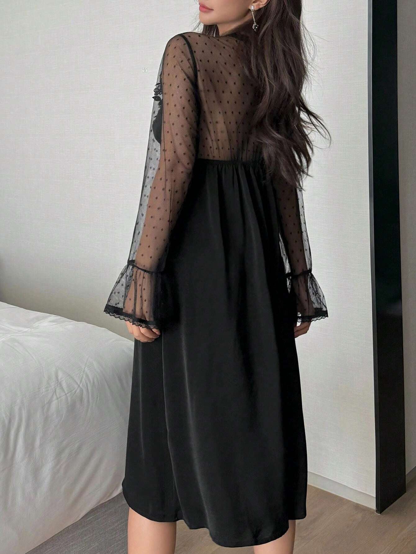 DAZY Satin Contrast Lace Semi-Sheer Ruffle Sleeve Waist Cinched Nightgown