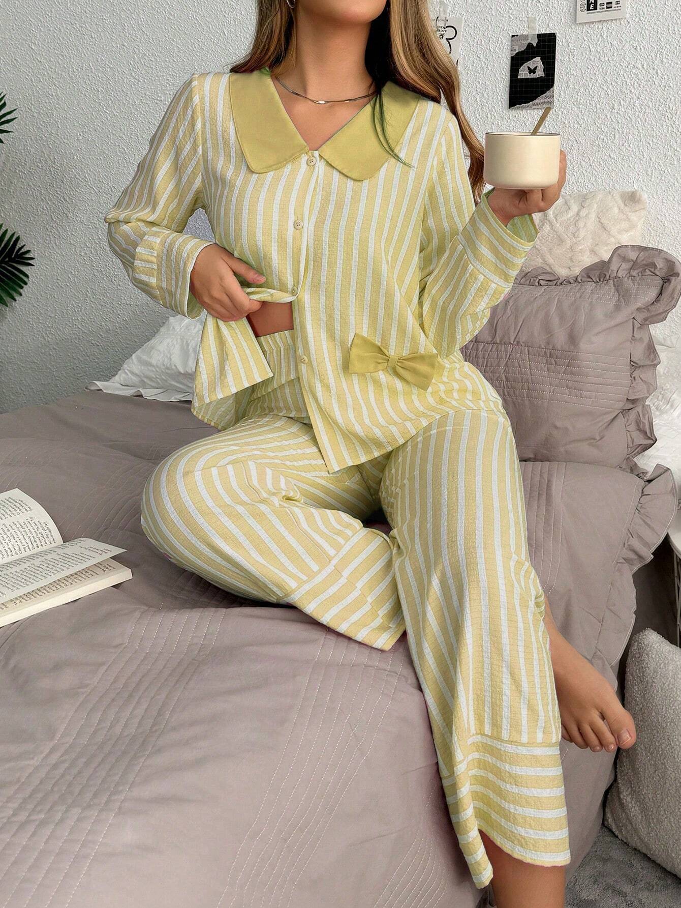 SweetSlumber Contrast Stripe Single Breasted Long Sleeve Top &amp; Pant Women Pajama Set