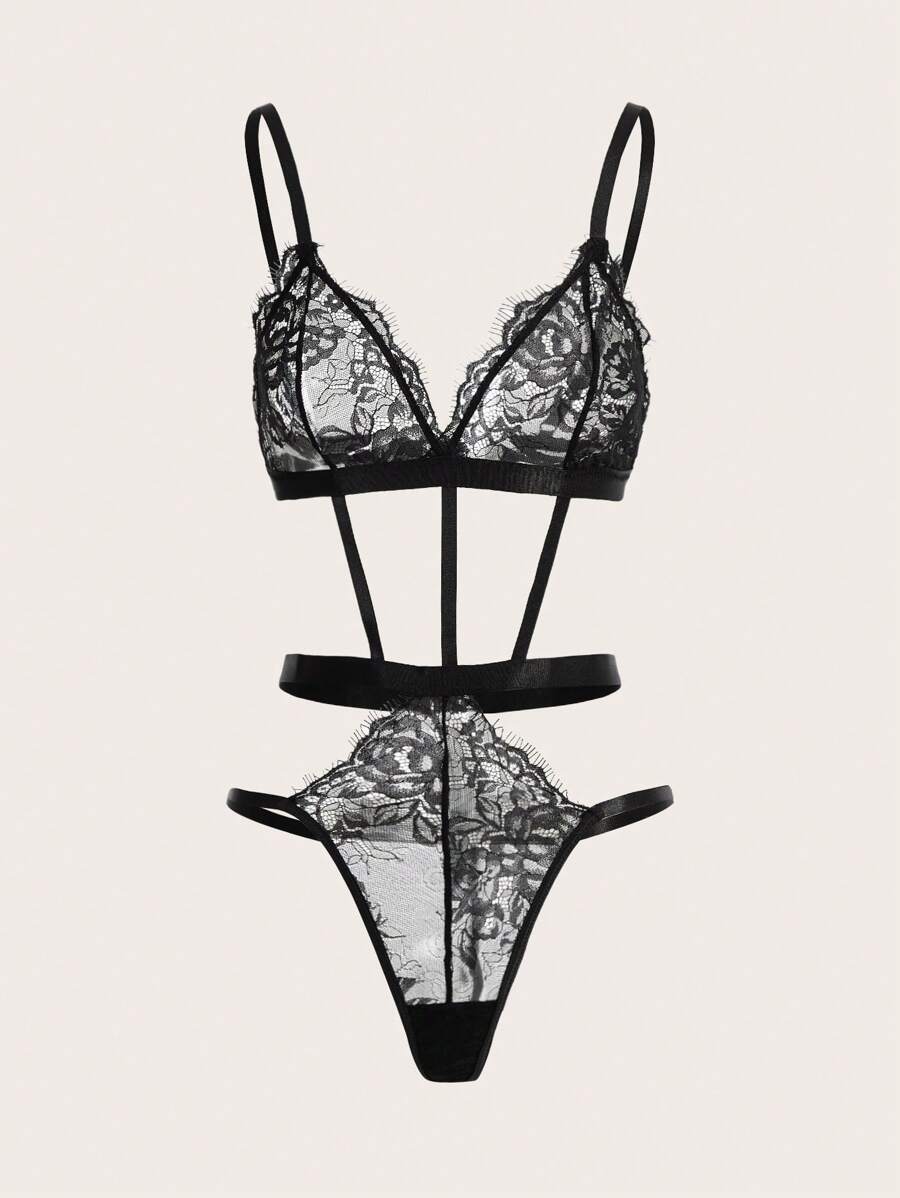 Floral Lace Cut-out Lingerie Set Black