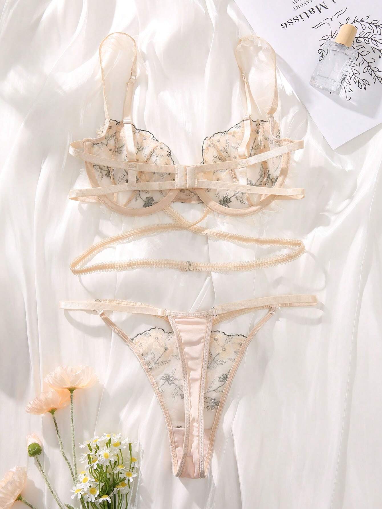 Floral Embroidery Mesh Underwire Lingerie Set