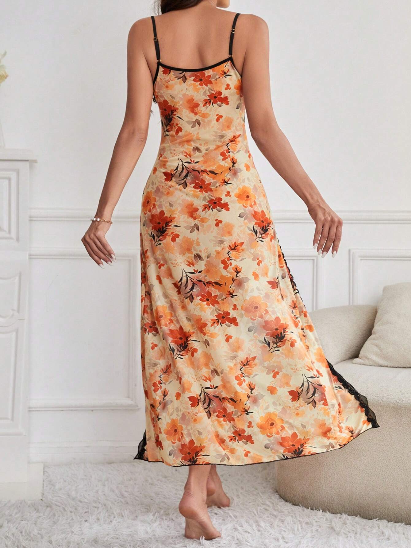 Lace Trimmed High Slit Hem Sleepwear Dress