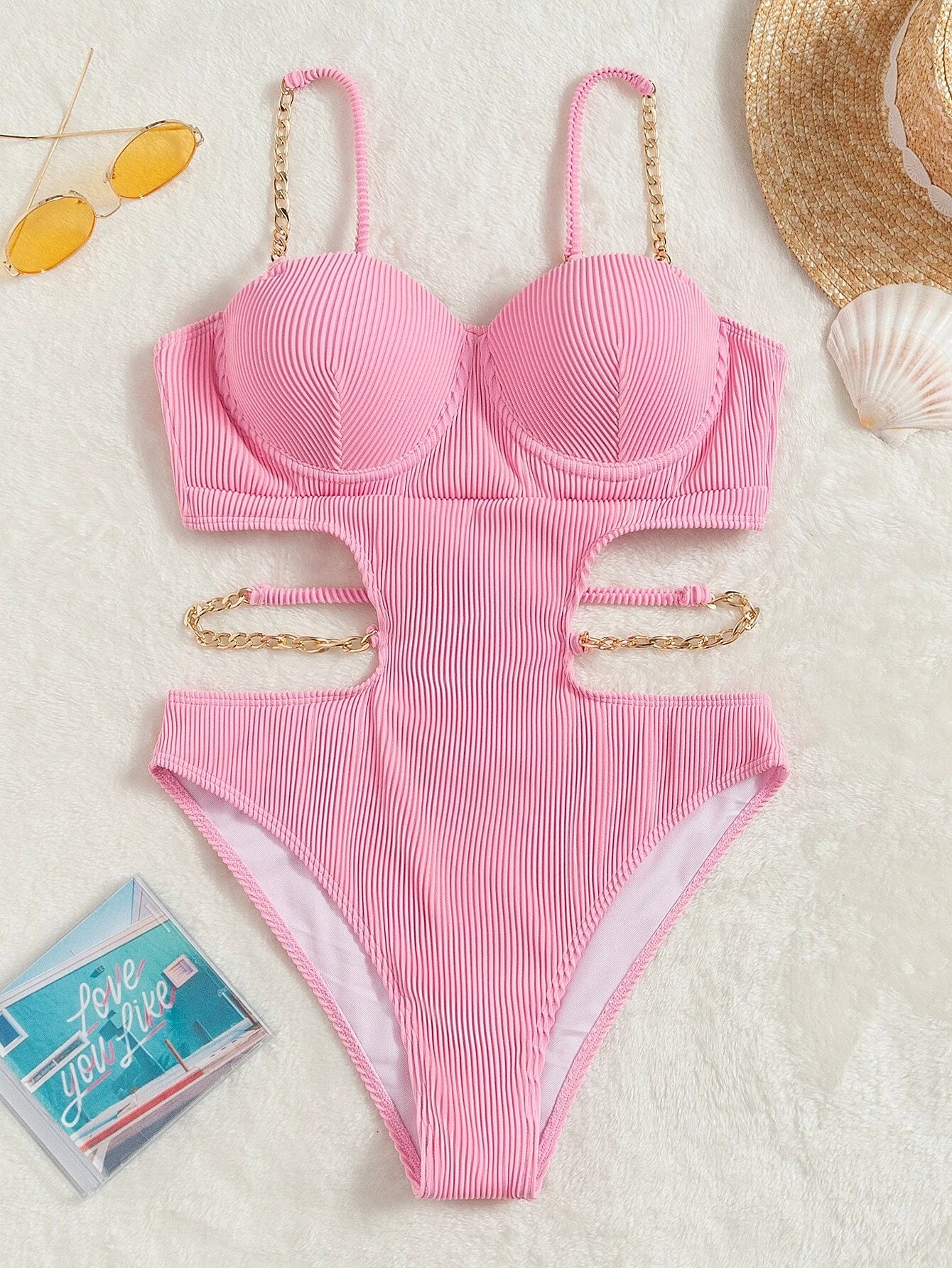 Swim Summer Beach Rib Cut-Out Chain Linked Push Up One Piece Swimsuit