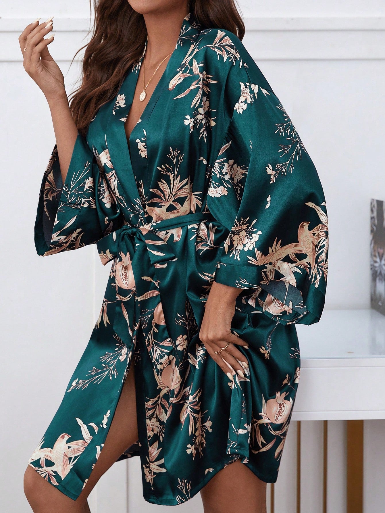 Lip Print Belted Satin Robe