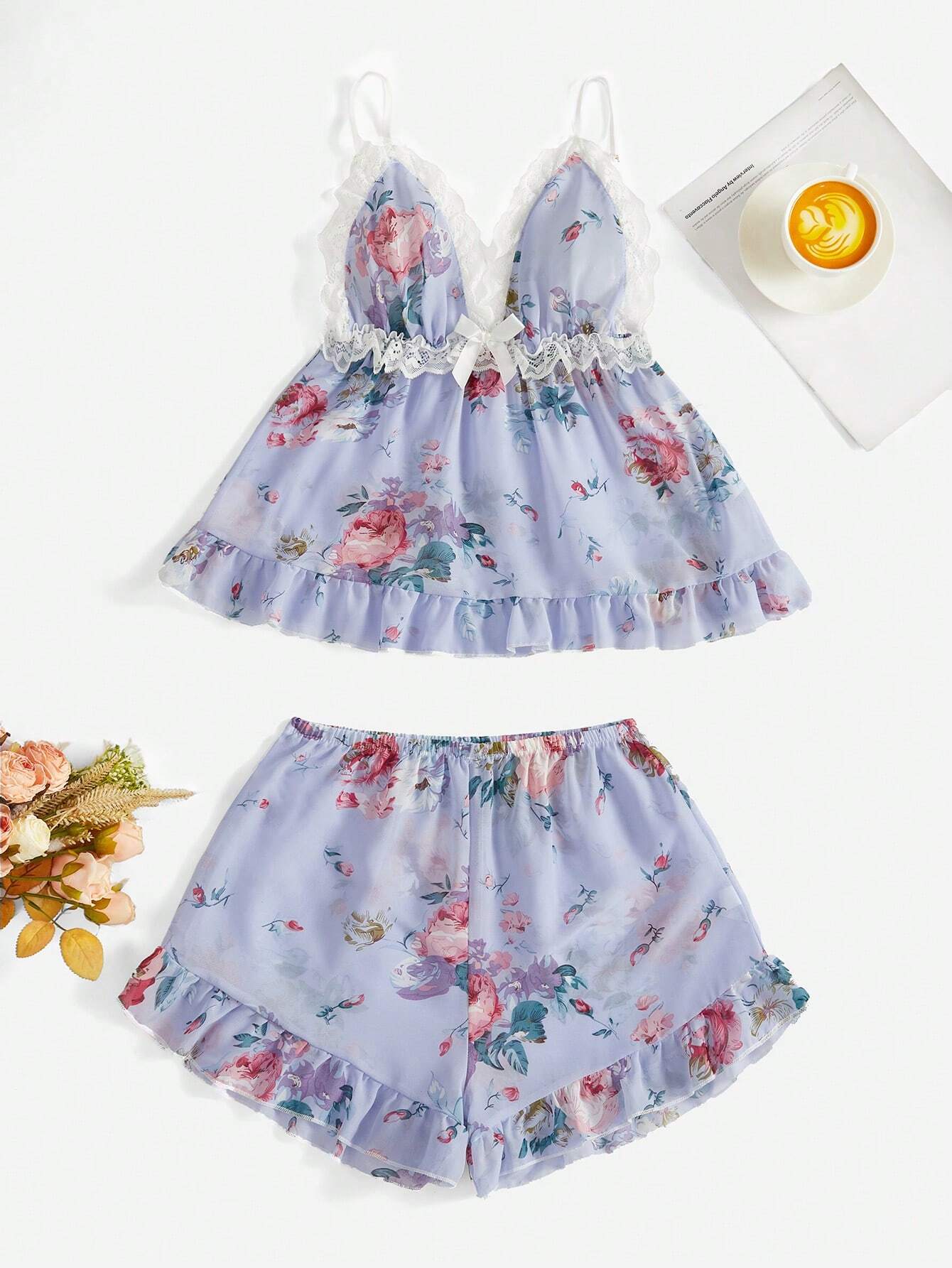 Floral Print Contrast Lace Bow Front Ruffle Hem PJ Set