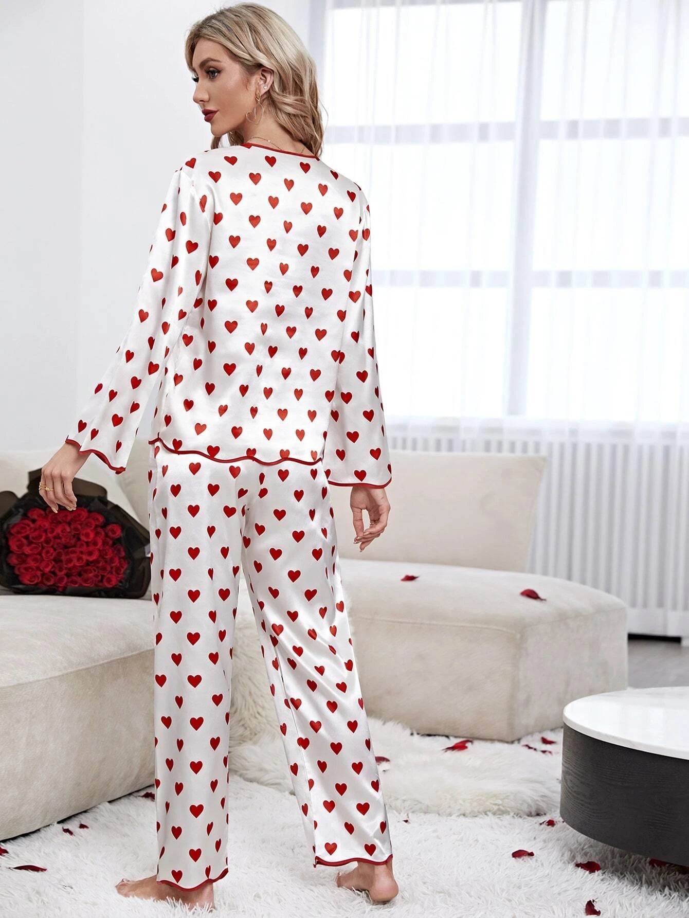 Heart Print Contrast Piping Satin PJ Set / Pajama Set