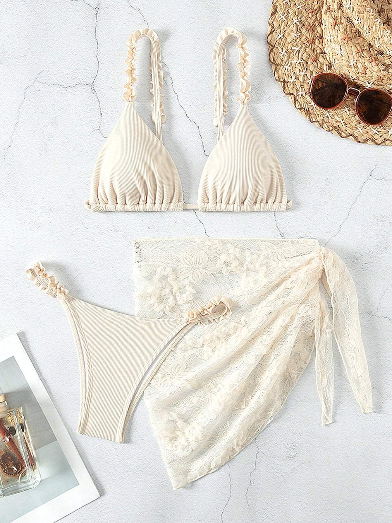 Mod Summer Beach Women's Solid Color Frilled Sexy Bikini Set For Vacation White