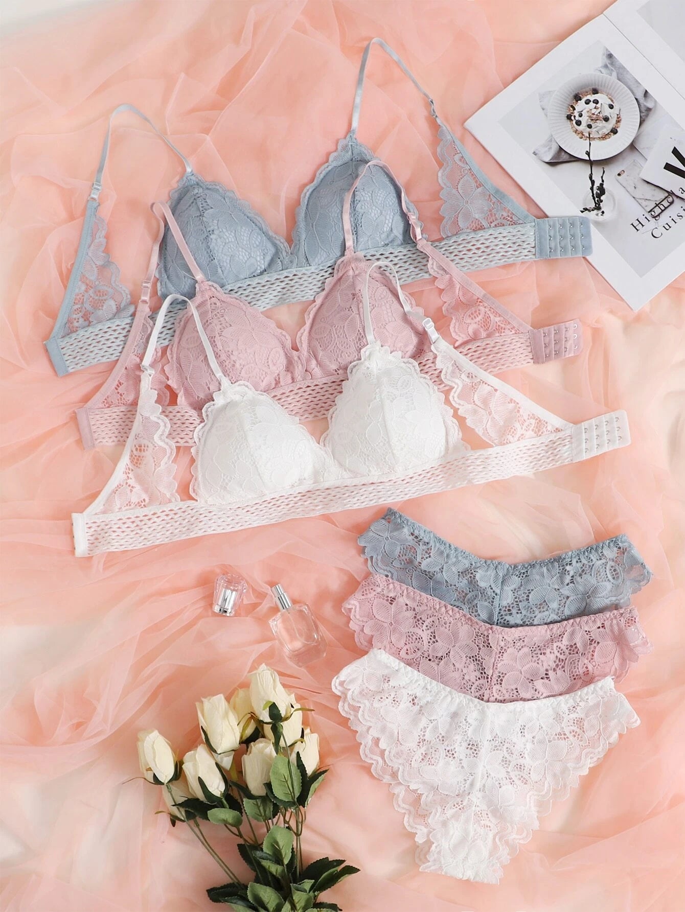 Underwear&amp;Sleepwear Basics 3sets Floral Lace Bra &amp; Panty Lingerie Set