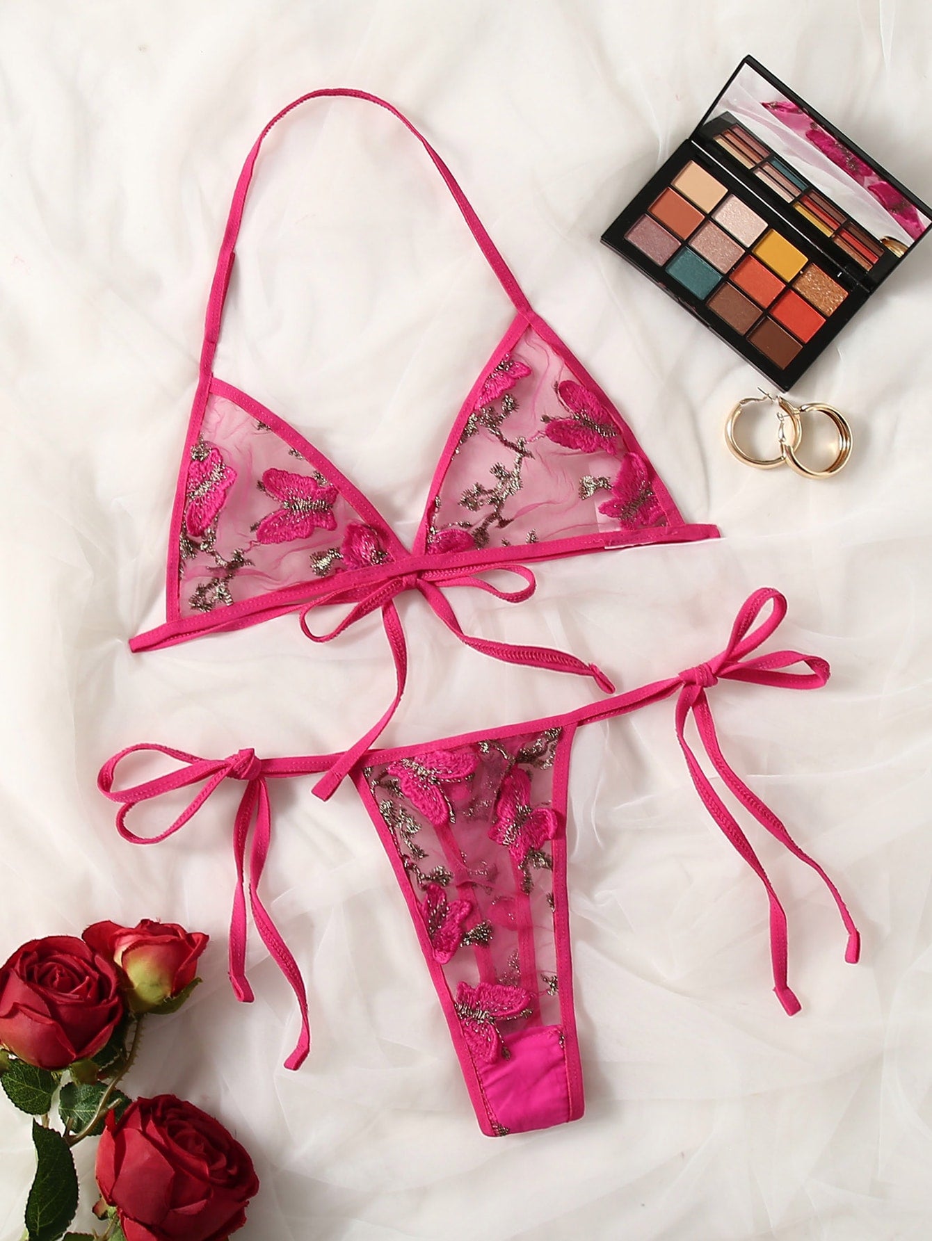 Floral Embroidered Mesh Triangle Lingerie Set