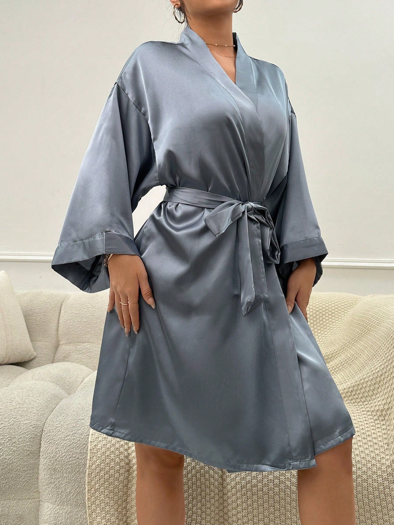 Lip Print Belted Satin Robe