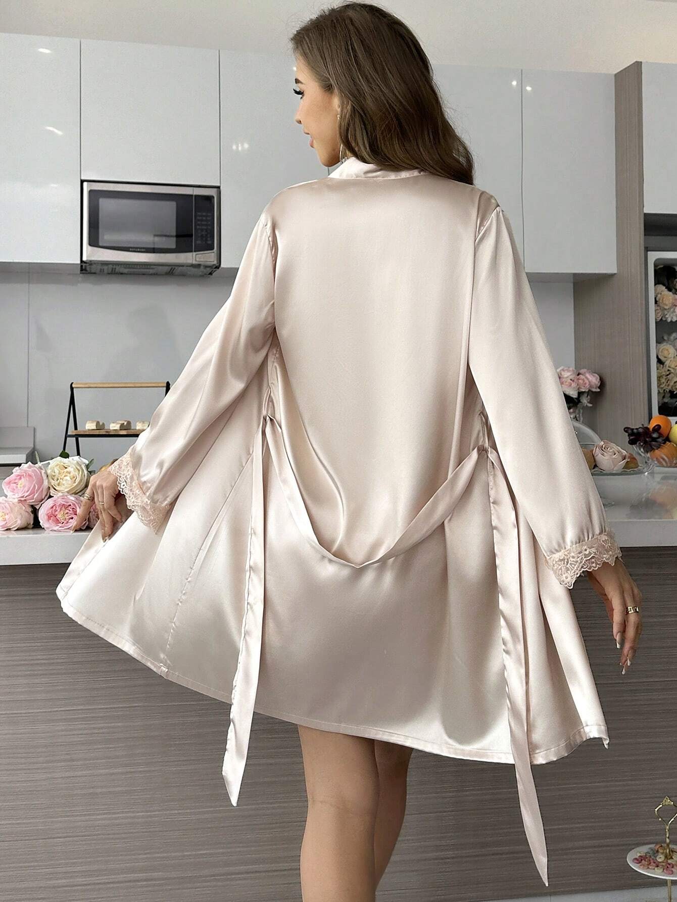 Lace Trimmed Cami Slip Dress And Robe Pajama Set