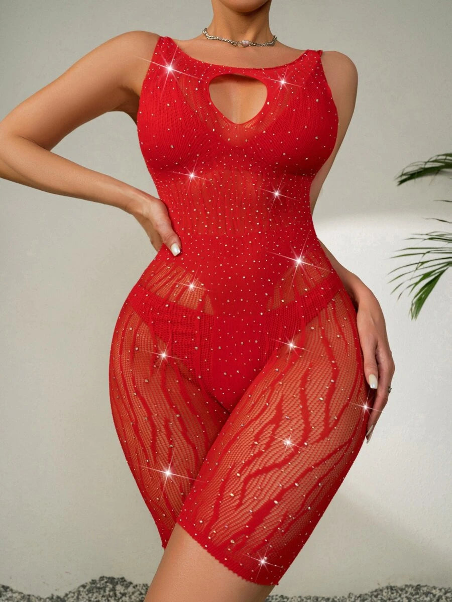 Mesh Rhinestone Cut Out Romper Bodysuit Without Liner