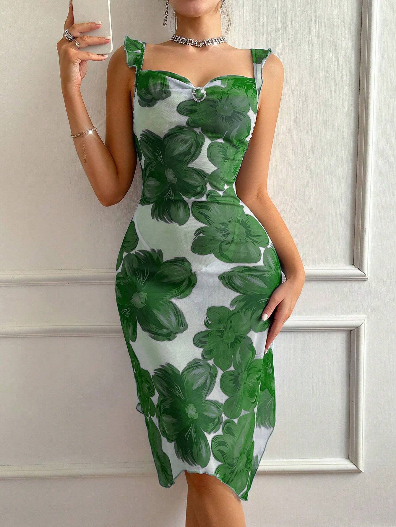 Women's Floral Print Ruffle Strap Nightgown