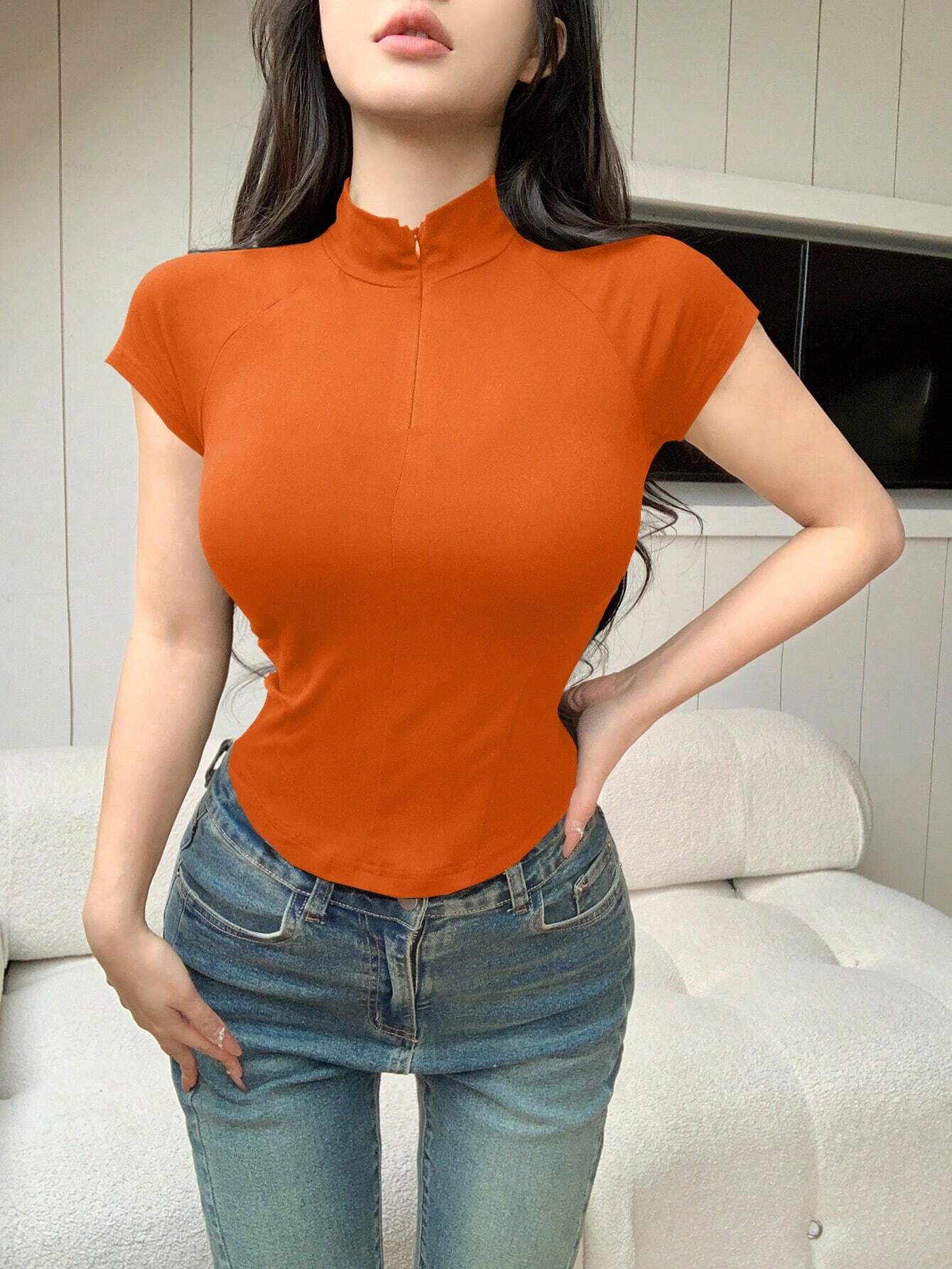 DAZY Solid Zipper Closure Compression Sports T-Shirt