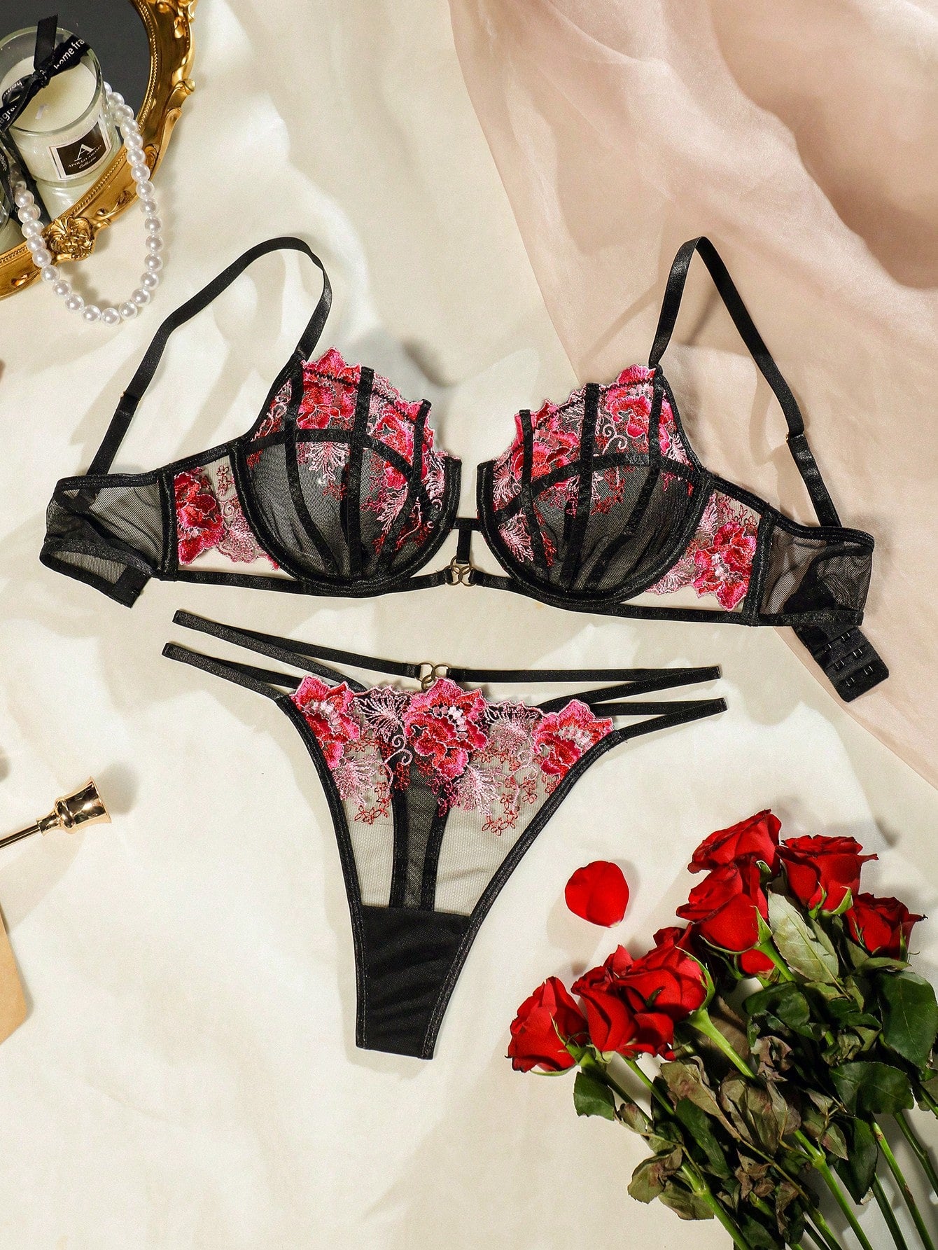 SHEIN Floral Embroidery Mesh Lingerie Set